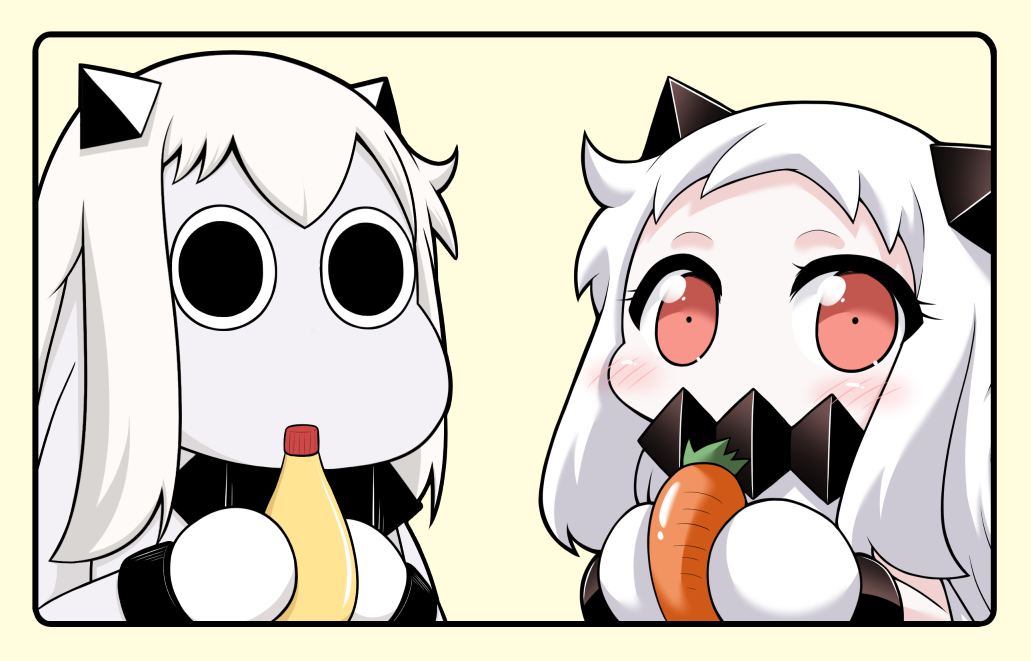 1girl black_hair blush carrot food holding holding_food horns kantai_collection long_hair mayonnaise mittens muppo northern_ocean_hime red_eyes shinkaisei-kan white_hair yamato_nadeshiko