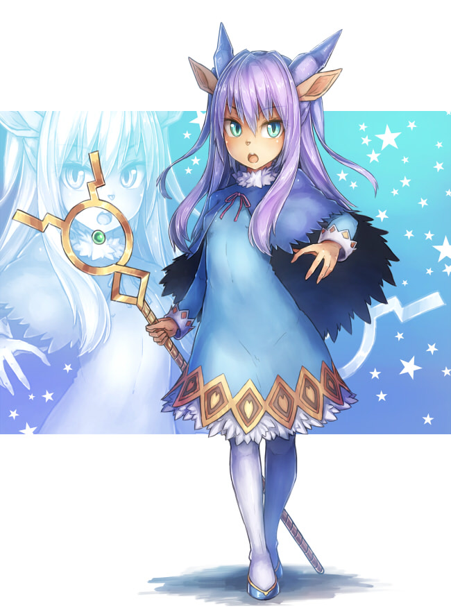 1girl :o animal_ears animal_nose aqua_eyes bangs blue_capelet blue_dress blue_footwear breasts capelet commentary_request covered_navel dress eyebrows_visible_through_hair full_body fur_collar gazelle_ears gradient gradient_background hair_between_eyes hand_up holding holding_staff horns legs_crossed long_hair long_sleeves looking_at_viewer open_mouth original pantyhose pink_ribbon purple_hair ribbon ros shadow shiny shiny_hair sidelocks small_breasts solo staff standing star starry_background tsurime two_side_up white_background white_legwear zoom_layer