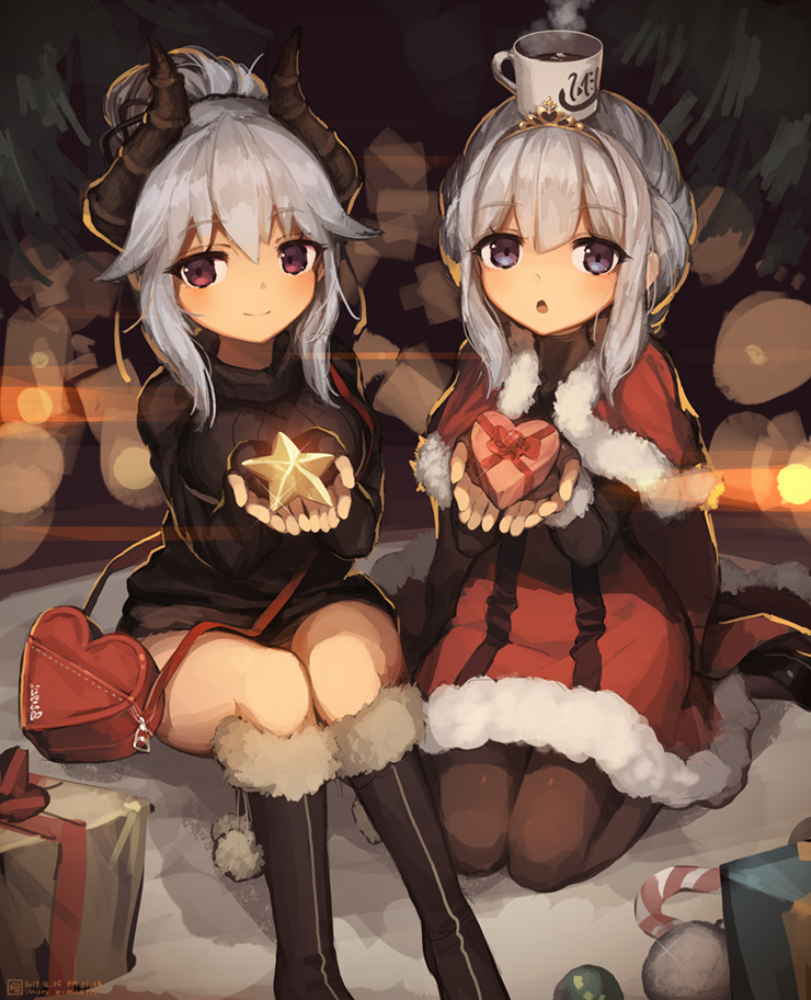 2girls :o bag bangs black_legwear blue_eyes blush boots box candy candy_cane capelet christmas cup eyebrows_visible_through_hair fingerless_gloves folded_ponytail food fur_trim gift gift_box giving gloves grey_hair hair_flaps heart holding holding_gift horns jakoujika knee_boots knees_up long_hair long_sleeves looking_at_viewer multiple_girls on_head open_mouth original pantyhose santa_costume seiza shoulder_bag sidelocks sitting smile sparkle star steam sweater tiara
