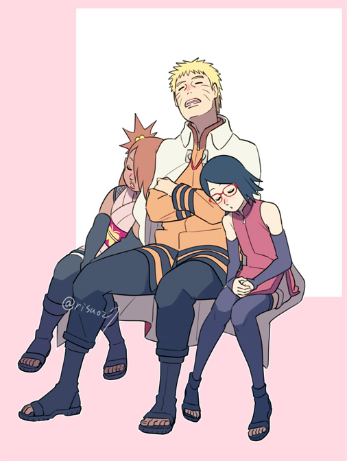 1boy 2girls akimichi_chouchou black_hair blonde_hair boruto:_naruto_next_generations brown_hair dark_skin glasses multiple_girls naruto risuo short_hair sleeping sleeping_on_person spiky_hair thigh-highs uchiha_sarada uzumaki_naruto whisker_markings whiskers