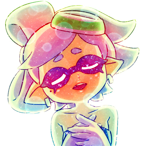 1girl bare_shoulders closed_eyes domino_mask earrings fangs food food_on_head hands_together hoop_earrings hotaru_(splatoon) jewelry lowres mask mike_inel mole mole_under_eye music object_on_head open_mouth pointy_ears singing sparkle_print splatoon splatoon_1 squid strapless strapless_dress tentacle_hair unitard