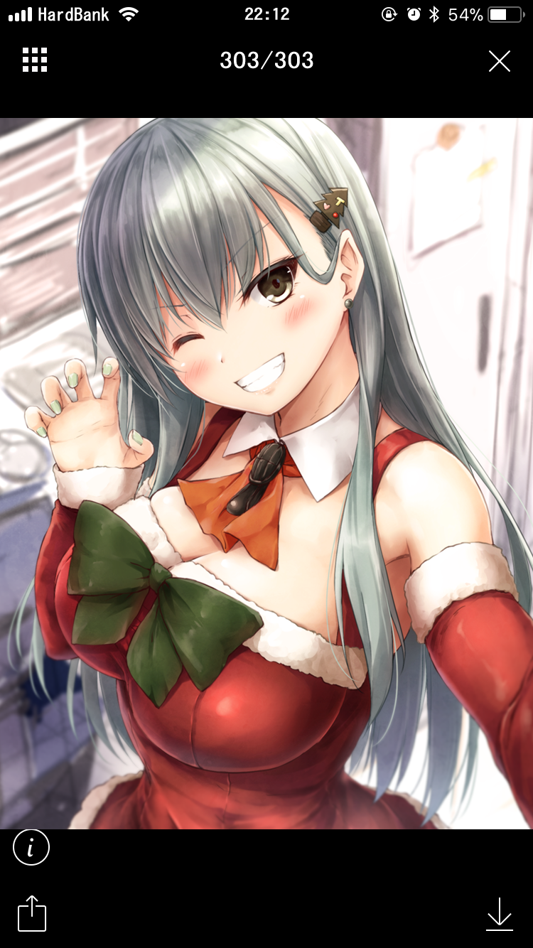 1girl aqua_hair arm_warmers bare_shoulders blush bow bowtie breasts christmas_tree_hair_ornament cleavage detached_collar dress earrings from_above fur_trim green_eyes green_nails grin hair_ornament highres jewelry kantai_collection large_breasts long_hair looking_at_viewer nail_polish one_eye_closed phone_screen red_dress smile solo suien suzuya_(kantai_collection) timestamp upper_body