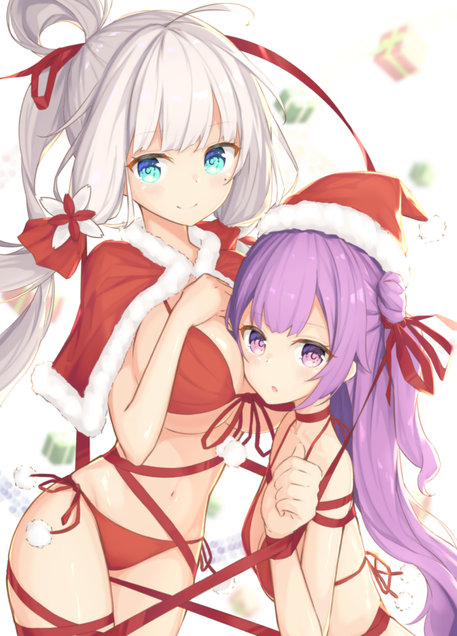 2girls azur_lane bangs bikini blue_eyes blurry blurry_background blush box breasts christmas closed_mouth commentary depth_of_field eyebrows_visible_through_hair front-tie_bikini front-tie_top fur-trimmed_capelet fur-trimmed_hat gift gift_box habu. hair_bun hair_ornament hair_ribbon hat high_ponytail highres illustrious_(azur_lane) large_breasts long_hair looking_at_viewer looking_to_the_side multiple_girls navel one_side_up parted_lips pom_pom_(clothes) ponytail purple_hair red_bikini red_capelet red_choker red_ribbon ribbon santa_bikini santa_hat side-tie_bikini side_bun silver_hair small_breasts smile swimsuit unicorn_(azur_lane) very_long_hair violet_eyes white_background