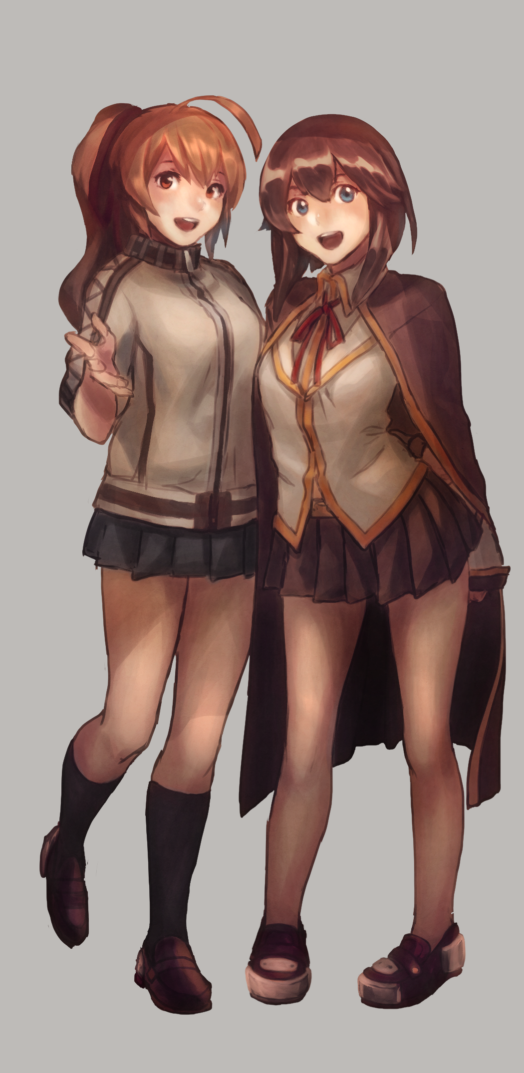 2girls ahoge black_cape black_hair black_skirt blazblue brown_hair cape celica_a_mercury celica_a_mercury_(cosplay) cosplay costume_switch crossover cryolite full_body grey_eyes gym_shirt hayasui_(kantai_collection) hayasui_(kantai_collection)_(cosplay) highres jacket kantai_collection long_hair long_sleeves miniskirt multiple_girls nomizu_iori open_mouth pleated_skirt ponytail red_eyes school_uniform seiyuu_connection shirt short_hair skirt smile track_jacket turtleneck