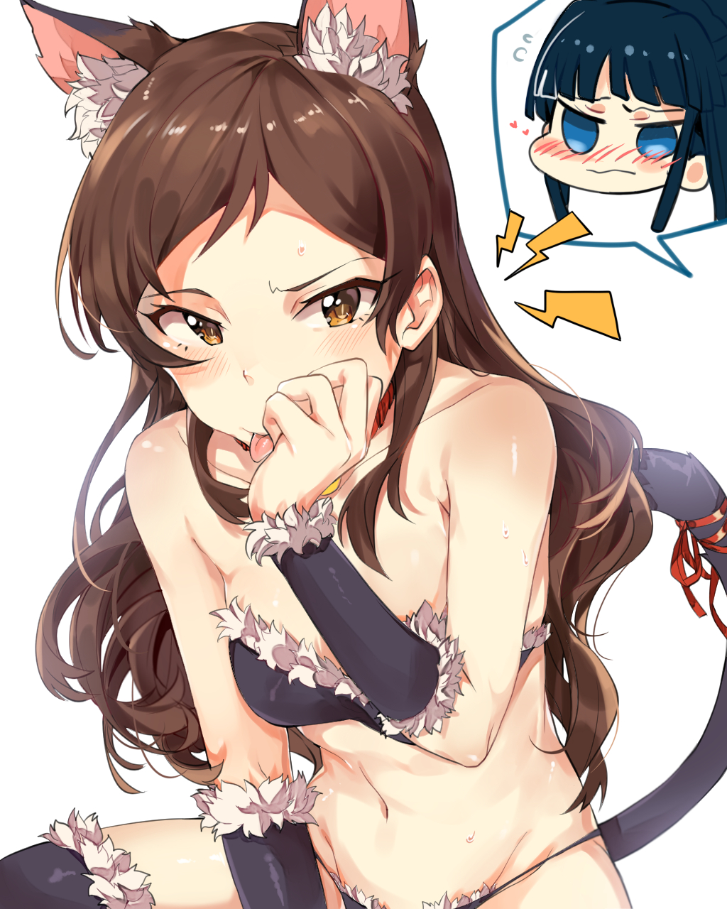 1girl :p animal_ears bangs bare_shoulders black_legwear black_panties blush bright_pupils brown_eyes brown_hair cat_ears cat_tail character_request collarbone fur-trimmed_legwear fur_trim groin hand_on_own_face highres idolmaster idolmaster_million_live! kemonomimi_mode kitazawa_shiho lightning_bolt long_hair looking_at_viewer navel panties parted_bangs red_ribbon ribbon shiny shiny_skin simple_background sitting slit_pupils solo stomach strapless sweat tail tail_ribbon thigh-highs tongue tongue_out tubetop tuxedo_de_cat underwear underwear_only white_background