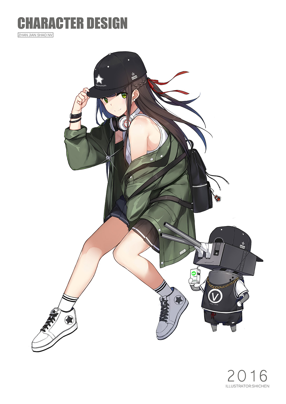 1girl 2016 artist_name backpack bag bare_shoulders baseball_cap between_legs black_shorts black_skirt braid brown_hair closed_mouth coat commentary copyright_name drinking_straw earrings french_braid full_body glint gloves green_coat green_eyes hand_between_legs hand_on_headwear hat hat_tip headphones headphones_around_neck highres holding invisible_chair jewelry kinugasa_(zhan_jian_shao_nyu) long_hair looking_at_viewer necklace off_shoulder one_side_up open_clothes open_coat pleated_skirt robot shi-chen shoes shorts simple_background sitting skirt smile sneakers socks turret very_long_hair white_background white_gloves white_legwear wristband zhan_jian_shao_nyu