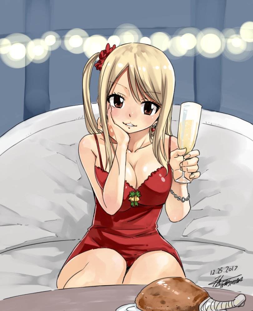 1girl blonde_hair breasts cleavage couch cup dated dress drinking_glass fairy_tail food hand_tattoo large_breasts looking_at_viewer lucy_heartfilia mashima_hiro meat parted_lips plate red_dress side_ponytail sitting smile solo tattoo wine_glass