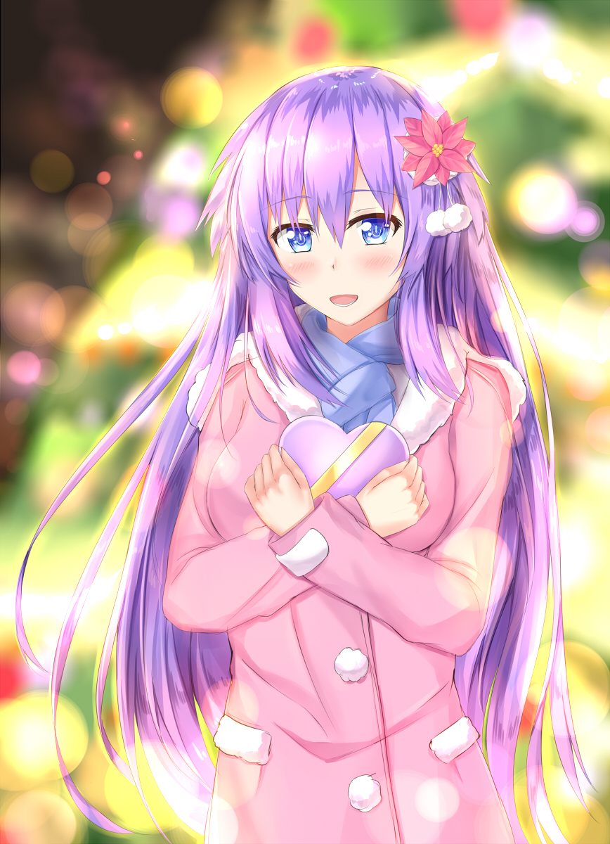 1girl :d alternate_costume alternate_hairstyle blue_eyes blue_scarf blush christmas christmas_tree commentary cowboy_shot flower gift hair_flower hair_ornament heart highres holding holding_gift long_hair looking_at_viewer muwa12 neptune_(series) open_mouth pink_coat power_symbol purple_hair purple_heart scarf smile symbol-shaped_pupils very_long_hair
