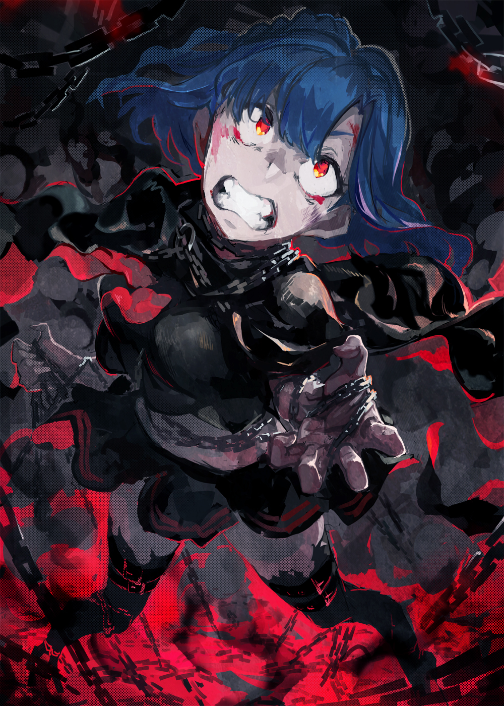 1girl bangs black_legwear blood blood_on_face bloody_tears blue_hair chains clenched_teeth code-aa commentary_request dark highres idol_heroes_(idolmaster) idolmaster idolmaster_million_live! leg_belt legs_apart limited_palette long_hair nanao_yuriko red_eyes restrained solo standing teeth thigh-highs wide-eyed
