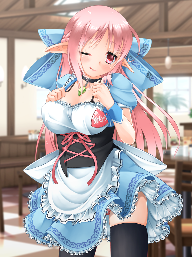 1girl ;q apron black_legwear blurry blurry_background bow bra_strap braid breasts cafe collar commentary_request corset crown_braid eyebrows_visible_through_hair eyes_visible_through_hair frilled_apron frills hair_bow indoors kanna_hisashi large_bow large_breasts long_hair looking_at_viewer name_tag one_eye_closed original panties panty_peek pink_hair pink_panties pointy_ears puffy_short_sleeves puffy_sleeves red_eyes short_sleeves solo thigh-highs tongue tongue_out underwear waist_apron waitress wrist_cuffs