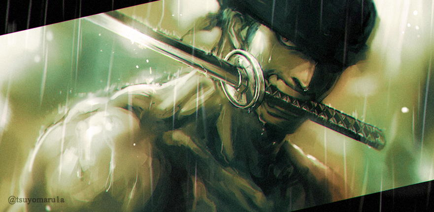 1boy artist_name bandanna collarbone glowing glowing_eye green_hair holding holding_sword holding_weapon katana looking_at_viewer male_focus mouth_hold muscle one_piece open_mouth rain red_pupils roronoa_zoro shaded_face short_hair solo sword teeth topless tsuyomaru upper_body very_short_hair water weapon wet wet_face