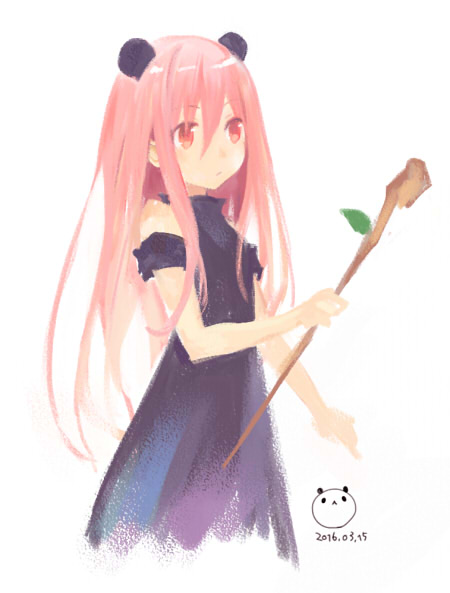 1girl bare_shoulders dress holding holding_stick long_hair panda_ears red_eyes redhead shakeko_(choujigen_game_neptune) sketch solo tsunako