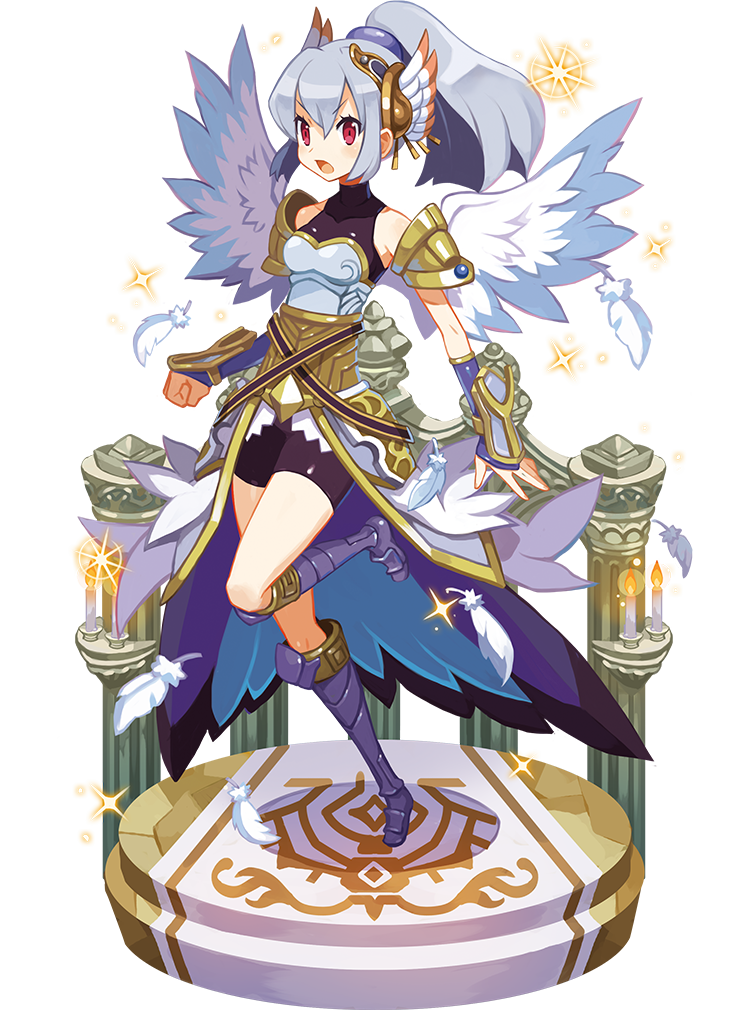 1girl alpha_transparency boots faux_figurine feathers full_body harada_takehito makai_wars official_art ponytail red_eyes silver_hair sparkle standing standing_on_one_leg transparent_background valkyrie_(makai_wars) wings