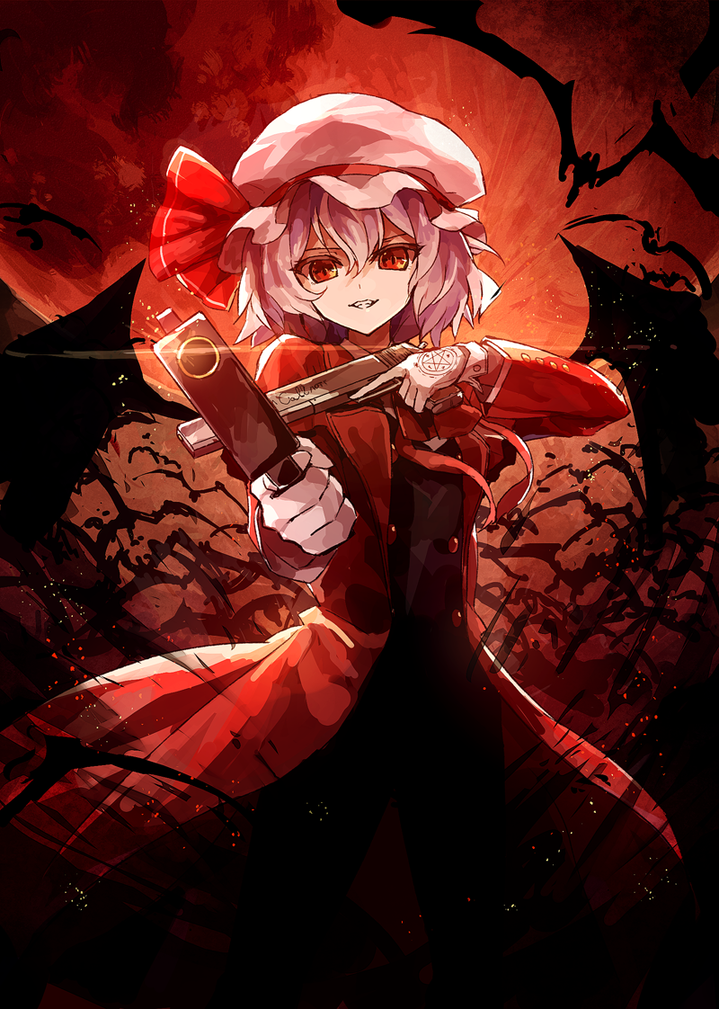 1girl alternate_costume alucard_(hellsing) bat bat_wings buttons coat dual_wielding full_moon gloves hat hat_ribbon hellsing k-me lavender_hair looking_at_viewer mob_cap moon outdoors pants parody red_eyes red_moon red_ribbon remilia_scarlet ribbon smile solo standing touhou white_gloves wings