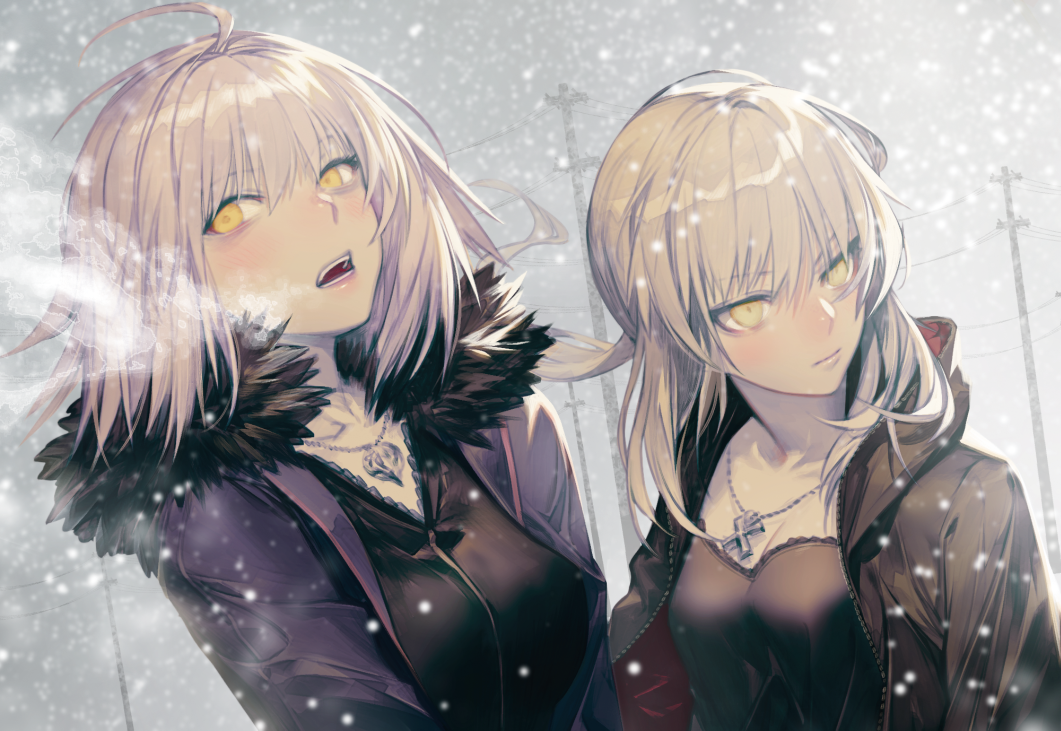 2girls artoria_pendragon_(all) black_shirt blonde_hair breasts cleavage closed_mouth cross cross_necklace day eyebrows_visible_through_hair fate/grand_order fate_(series) fur_trim hair_between_eyes hood hood_down hoodie jacket jeanne_d'arc_(alter)_(fate) jeanne_d'arc_(fate)_(all) jewelry kodama_(wa-ka-me) looking_at_viewer medium_breasts multiple_girls necklace open_clothes open_hoodie open_jacket open_mouth outdoors power_lines purple_jacket saber_alter shirt short_hair snowing telephone_pole upper_body yellow_eyes