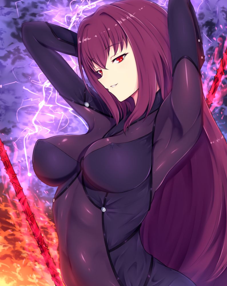 1girl arched_back arms_behind_head aura blackwatchar bodysuit breasts electricity erect_nipples fate/grand_order fate_(series) gae_bolg hair_between_eyes highres impossible_bodysuit impossible_clothes large_breasts long_hair looking_at_viewer parted_lips pauldrons polearm purple_bodysuit purple_hair red_eyes scathach_(fate/grand_order) skin_tight smile solo very_long_hair weapon