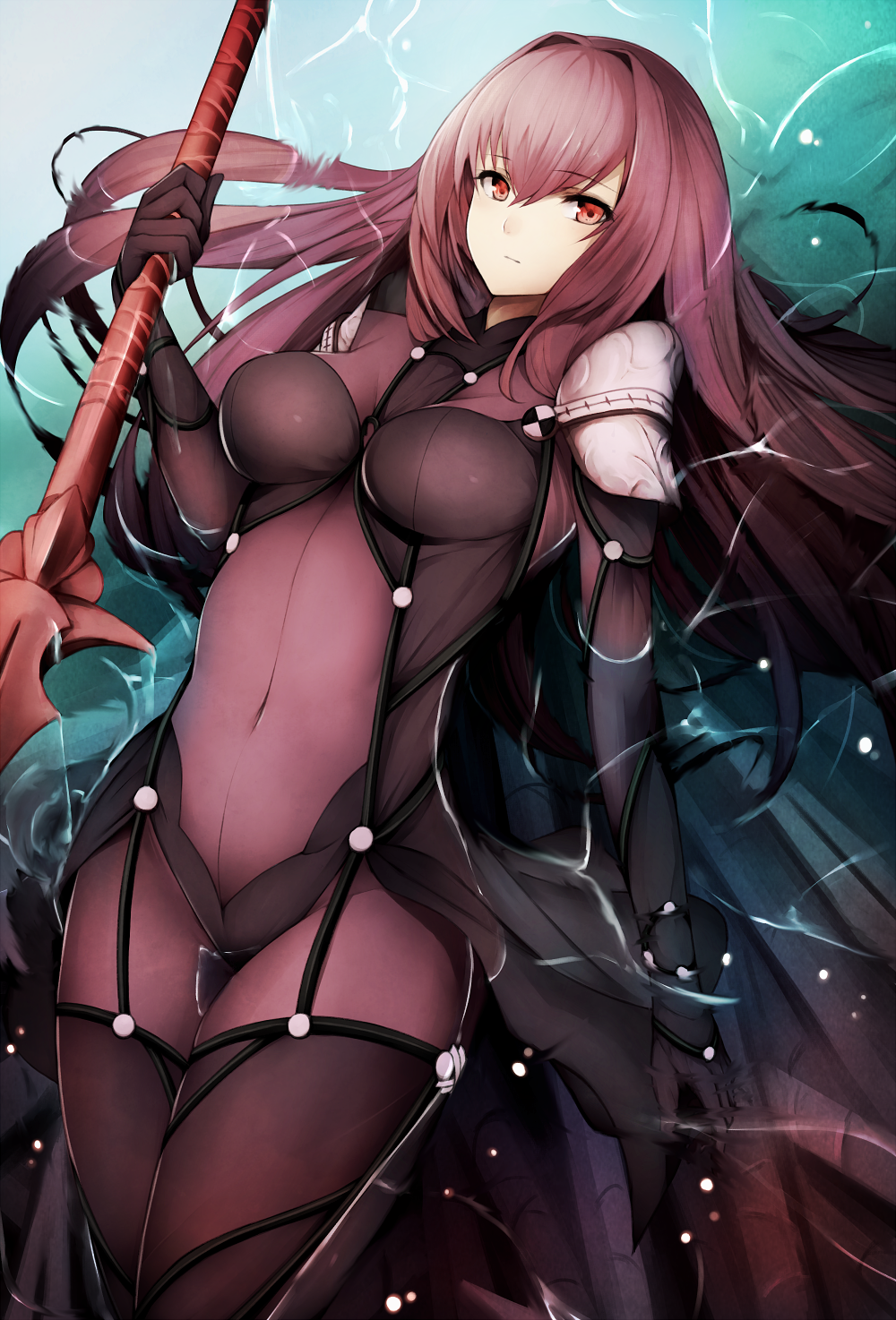 1girl afloat bangs bodysuit breasts closed_mouth covered_navel eyebrows_visible_through_hair fate/grand_order fate_(series) gae_bolg hair_between_eyes highres holding holding_weapon inaba_sunimi lance large_breasts legs_together long_hair looking_at_viewer partially_submerged polearm purple_bodysuit purple_hair red_eyes revision scathach_(fate/grand_order) solo spaulders water weapon