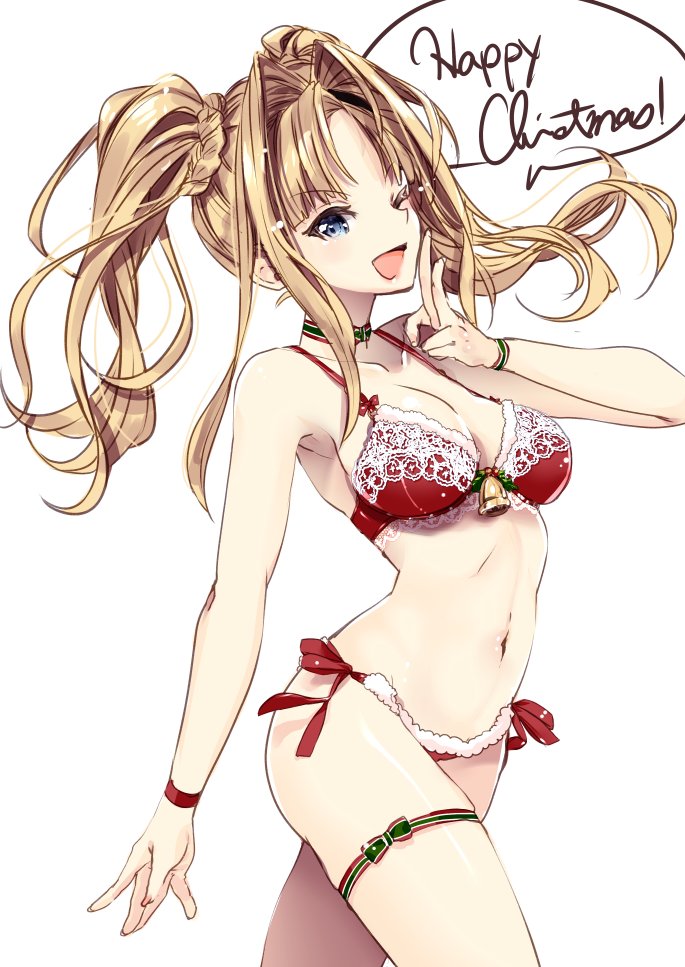 1girl 218 bell blonde_hair blue_eyes breasts granblue_fantasy looking_at_viewer navel one_eye_closed open_mouth red_swimsuit solo swimsuit twintails zeta_(granblue_fantasy)