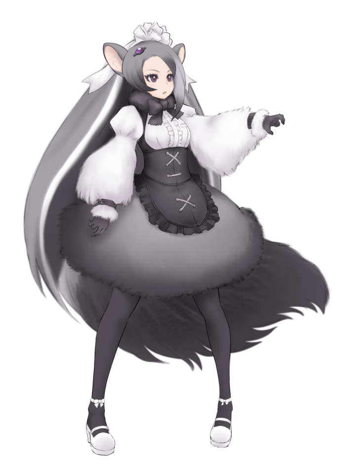 1girl black_hair bow bowtie full_body fur_trim giant_anteater_(kemono_friends) gloves grey_hair hair_ornament ise_(0425) kemono_friends long_hair multicolored_hair open_mouth pantyhose simple_background solo very_long_hair violet_eyes white_background white_hair