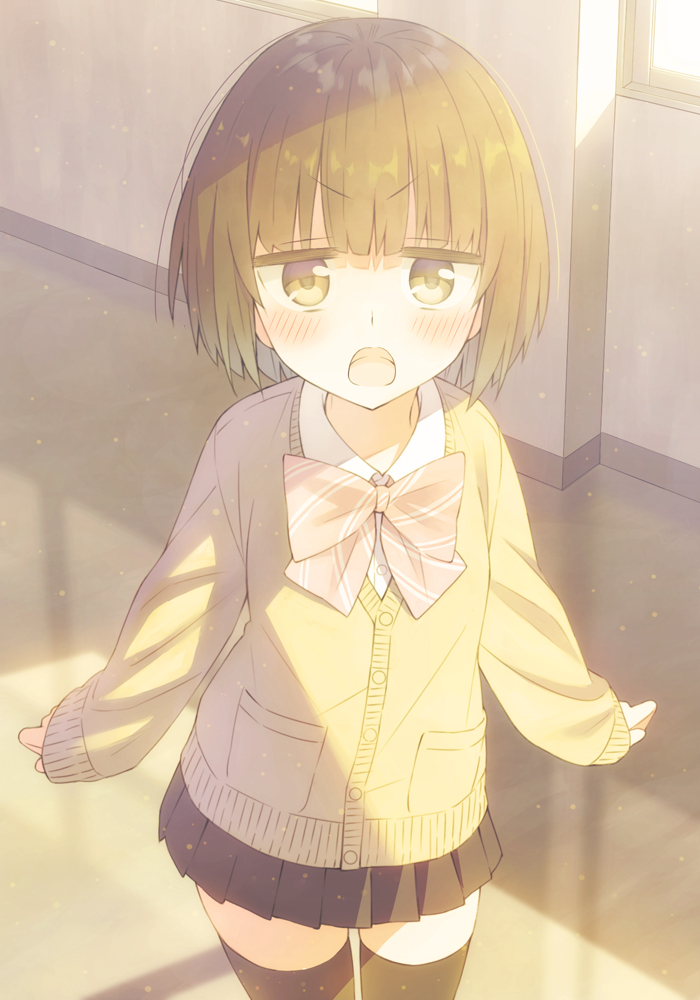 1girl angry black_legwear black_skirt blush bow bowtie brown_eyes brown_hair cardigan child commentary_request cowboy_shot floor hallway light_rays open_mouth original outstretched_arms pleated_skirt red_bow red_neckwear school school_uniform short_hair skirt solo spread_arms standing sunbeam sunlight thigh-highs tsuke_(maholabo) wall window window_shade yellow_cardigan zettai_ryouiki