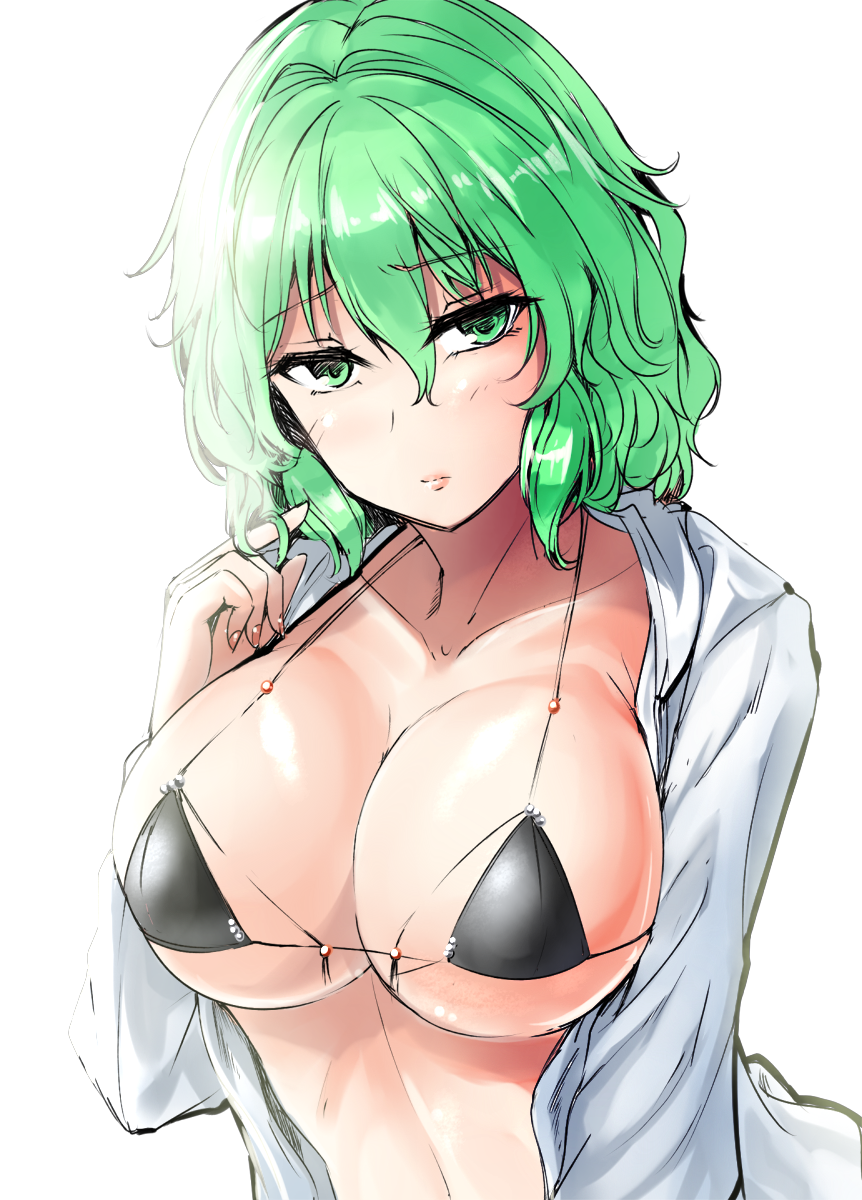 1girl bangs bikini black_bikini breasts cleavage closed_mouth collarbone commentary_request green_eyes green_hair hair_between_eyes halter_top halterneck highres kazami_yuuka large_breasts long_sleeves looking_at_viewer micro_bikini_top nail_polish open_clothes open_shirt red_nails shirt short_hair solo stomach swimsuit touhou upper_body white_shirt y2