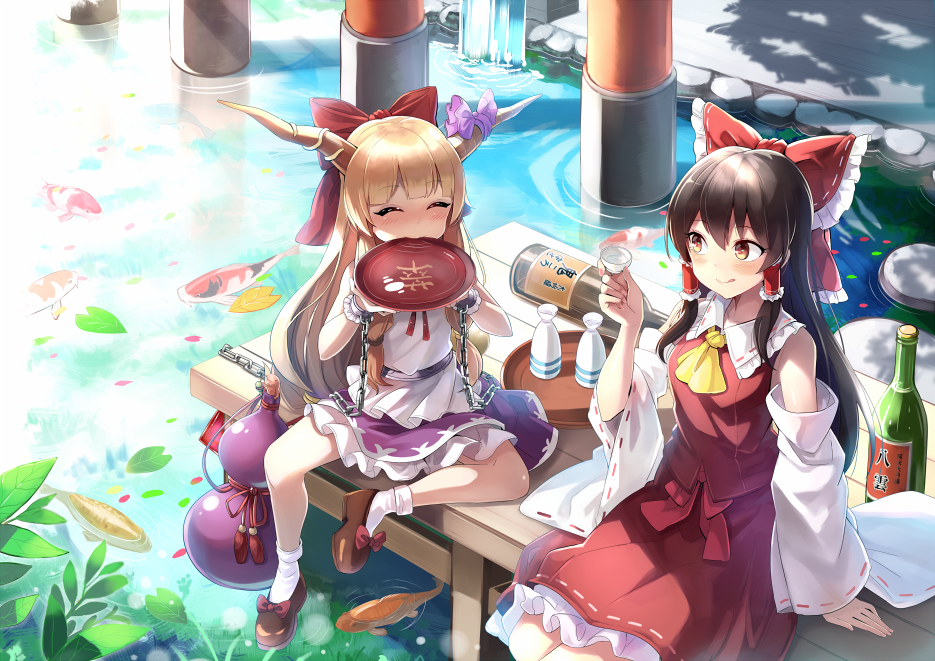 2girls alcohol bangs black_hair blonde_hair blunt_bangs bottle bow brown_eyes brown_footwear closed_eyes commentary_request cup day detached_sleeves emerane fish gourd hair_bow hair_tubes hakurei_reimu hand_up holding horn_ribbon horns ibuki_suika miniskirt multiple_girls outdoors purple_ribbon purple_skirt red_bow red_skirt ribbon ribbon-trimmed_skirt ribbon-trimmed_sleeves ribbon_trim sakazuki sake sake_bottle shirt shoe_bow shoes sidelocks sitting skirt skirt_set sleeveless sleeveless_shirt smile socks torii touhou vest water white_legwear white_shirt