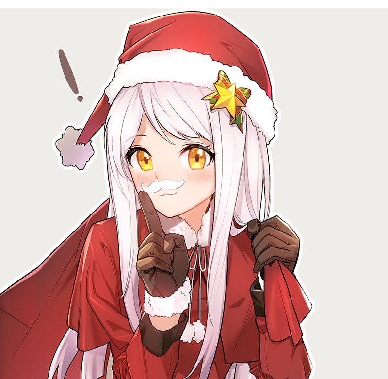 ! 1girl :3 bangs blush bobblehat brown_gloves carrying_over_shoulder closed_mouth dress eve_santaclaus eyebrows_visible_through_hair fake_mustache finger_to_mouth fpanda fur-trimmed_gloves fur-trimmed_hat fur_trim gloves grey_background hat idolmaster idolmaster_cinderella_girls index_finger_raised long_hair long_sleeves looking_at_viewer over_shoulder pink_hair pom_pom_(clothes) red_dress red_hat sack santa_costume santa_hat shushing simple_background solo swept_bangs upper_body yellow_eyes