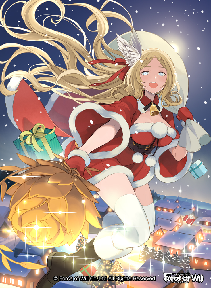 1girl bell bell_collar blonde_hair blue_eyes boots box breasts cape christmas circlet cleavage collar copyright_name feathers force_of_will fur_trim gift gift_box gloves hat long_hair official_art open_mouth santa_costume santa_hat sky snow snowing solo sparkle staff teeth thigh-highs tree yuko_(uc_yuk)