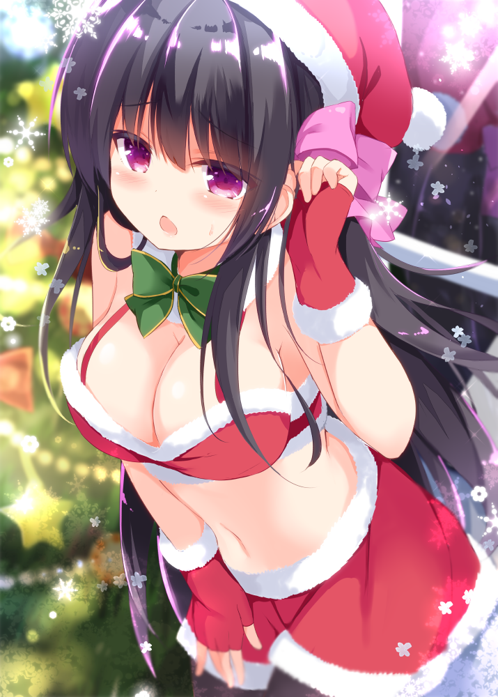 1girl bikini_top black_hair black_legwear blush bow bowtie breasts christmas cleavage commentary_request fingerless_gloves gloves green_neckwear hat kujou_danbo long_hair looking_at_viewer medium_breasts navel open_mouth original pantyhose red_bikini_top red_gloves red_skirt redhead santa_hat skirt snowflakes solo violet_eyes