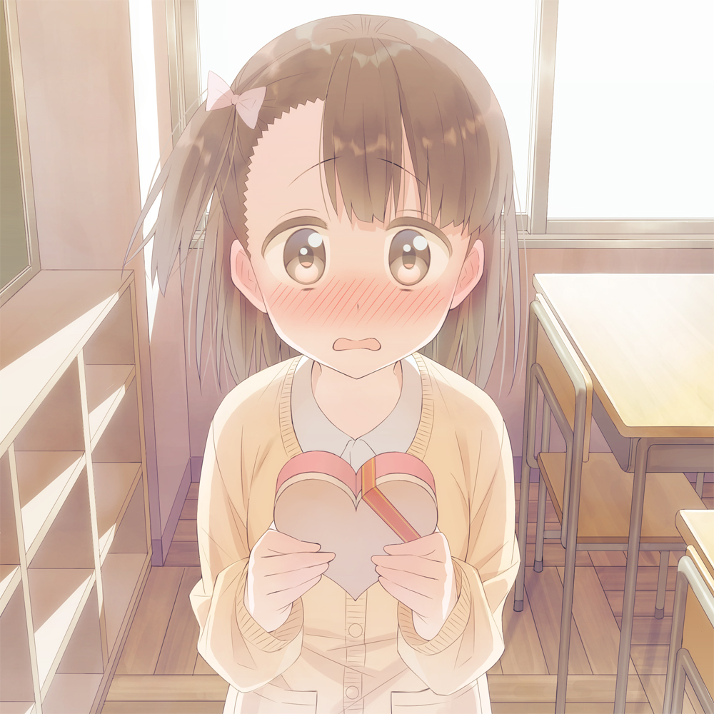 1girl blush box brown_eyes brown_hair cardigan commentary d: desk gift gift_box heart-shaped_box holding holding_box holding_gift incoming_gift long_sleeves looking_at_viewer nervous nose_blush one_side_up open_mouth original school school_chair school_desk school_uniform shelf shirt short_hair solo tsuke_(maholabo) upper_body valentine wavy_mouth white_shirt window wooden_floor yellow_cardigan