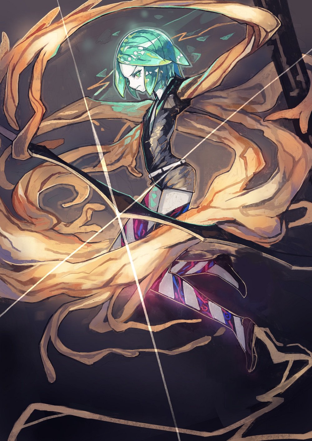 blade green_eyes green_hair highres houseki_no_kuni outstretched_arms pale_skin phosphophyllite window1228