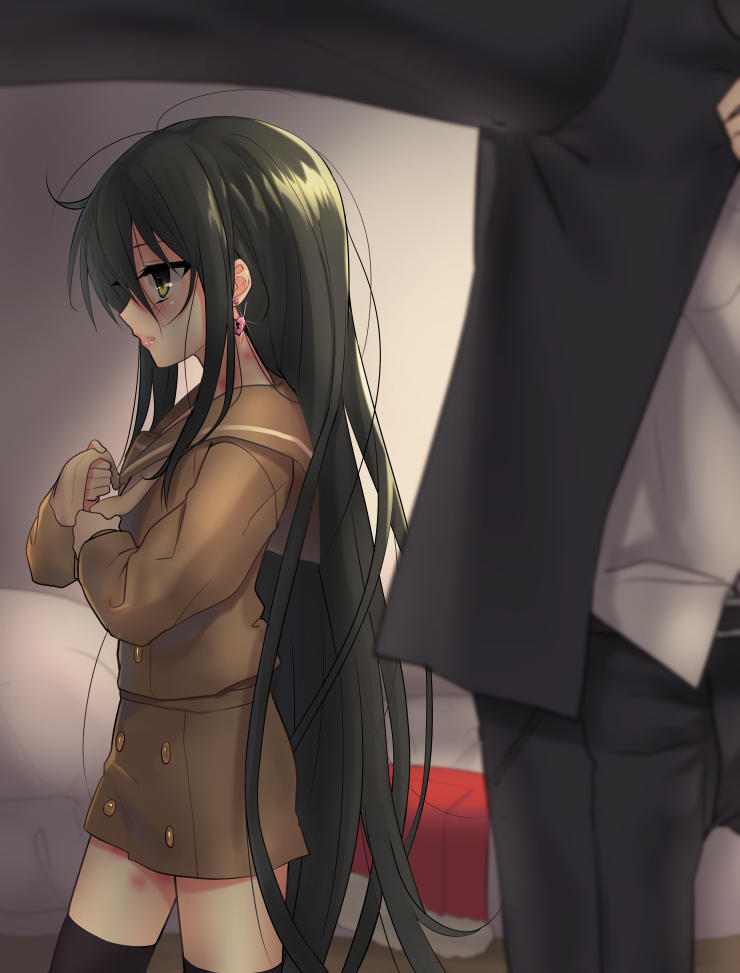 1boy 1girl aftersex black_hair blurry_foreground blush bruise dressing ear_piercing earrings indoors injury jewelry long_hair ohlia piercing school_uniform serafuku shakugan_no_shana shana solo_focus thigh-highs