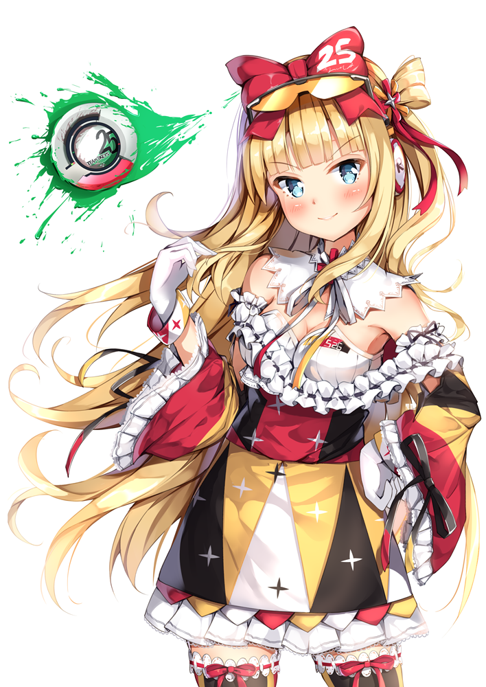 1girl bangs beatmania beatmania_iidx black_legwear blonde_hair blunt_bangs bow bra character_request closed_mouth commentary_request detached_collar eyewear_on_head frilled_shirt frilled_skirt frills gloves hair_bow hand_on_hip head_tilt headphones long_hair long_sleeves looking_at_viewer multicolored multicolored_clothes multicolored_shirt multicolored_skirt off-shoulder_shirt one_side_up red_bow shiero. shirt skirt smile solo sunglasses thigh-highs underwear v-shaped_eyebrows very_long_hair white_background white_bra white_gloves wide_sleeves