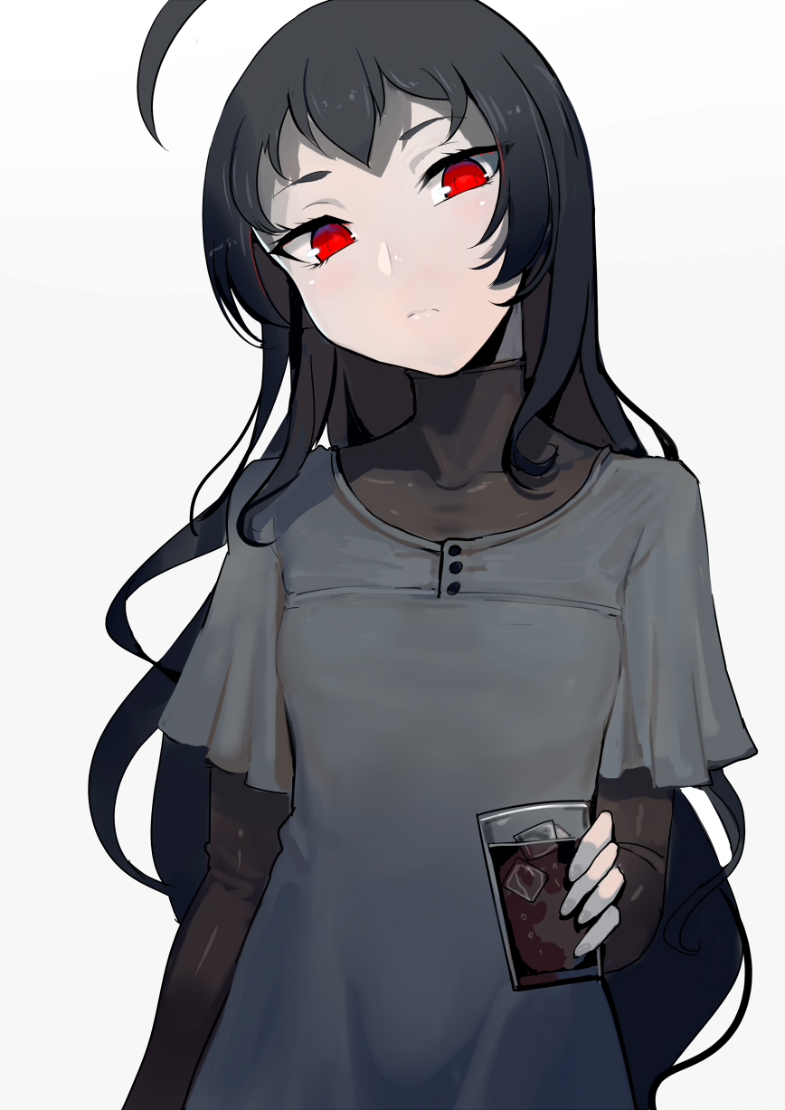 1girl ahoge bangs black_hair closed_mouth cup dress drinking_glass fingernails grey_background grey_dress head_tilt highres isolated_island_oni kantai_collection long_hair long_sleeves looking_at_viewer red_eyes shinkaisei-kan short_over_long_sleeves simple_background solo standing turtleneck upper_body very_long_hair walzrj