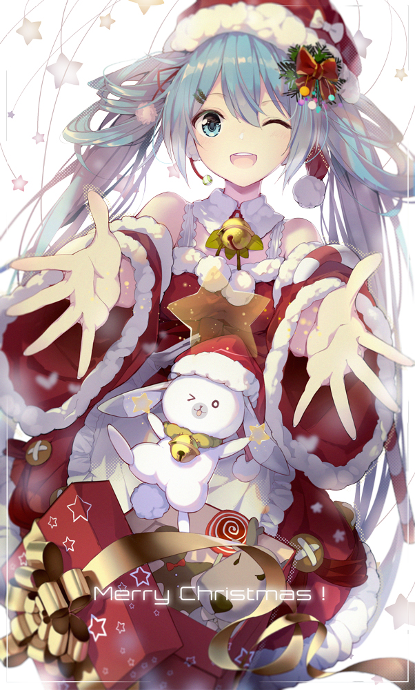 &gt;_o 1girl ;d apron aqua_eyes aqua_hair bell blush bow box candy christmas detached_collar detached_sleeves dress earmuffs food fur-trimmed_dress fur-trimmed_sleeves fur_trim gift gift_box hair_bow hair_ornament hairclip hat hat_bow hatsune_miku jingle_bell lf lollipop long_hair long_sleeves looking_at_viewer merry_christmas one_eye_closed open_mouth outstretched_arms pom_pom_(clothes) rabbit red_bow red_dress red_hat revision round_teeth santa_costume santa_hat simple_background smile spread_fingers star tareme teeth twintails very_long_hair vocaloid white_apron white_background white_bow wide_sleeves yukine_(vocaloid)
