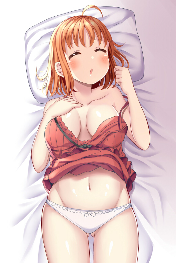 1girl :o ahoge bed_sheet blush breasts camisole cleavage closed_eyes collarbone cowboy_shot facing_viewer from_above gluteal_fold hand_on_own_chest love_live! love_live!_sunshine!! lying medium_breasts mizukoshi_(marumi) navel on_back on_bed open_mouth orange_hair panties pillow shiny shiny_skin short_hair sleeping solo strap_slip takami_chika thighs underwear underwear_only white_panties