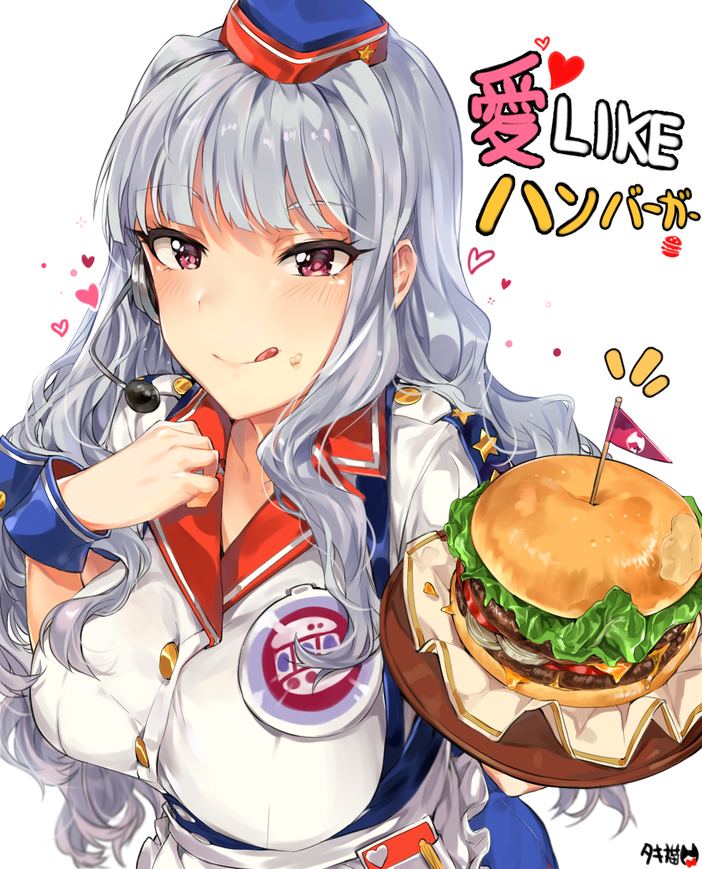 :q artist_name bangs breasts burger_skater_(idolmaster) commentary_request food food_on_face hamburger hat headset heart highres idolmaster idolmaster_(classic) large_breasts long_hair looking_at_viewer pen shijou_takane silver_hair simple_background solo song_name text tongue tongue_out tray tuxedo_de_cat upper_body very_long_hair violet_eyes white_background wrist_cuffs