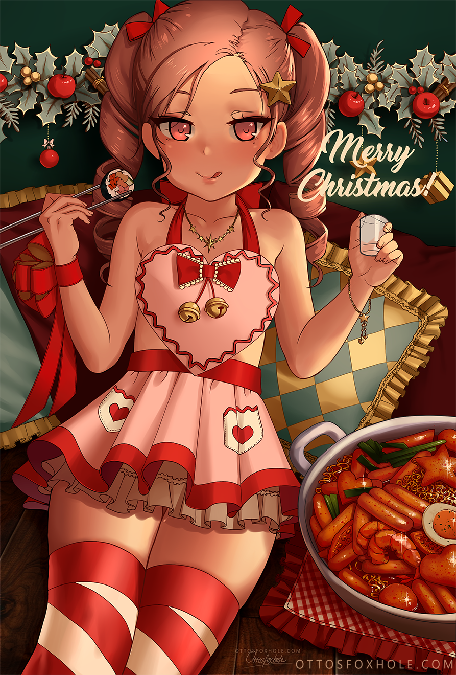 1girl :q apple bangs bare_shoulders bell blush bow box bracelet brown_eyes brown_hair chopsticks closed_mouth collarbone crab cup diagonal_stripes dress drinking_glass food frilled_pillow frills fruit gift gift_box hair_bow hair_ornament halterneck hands_up highres holding holding_chopsticks jewelry jingle_bell lying merry_christmas necklace on_back original otto parted_bangs pillow pink_dress red_apple red_bow red_ribbon ribbon ringlets sausage shot_glass sleeveless sleeveless_dress smile solo star star_hair_ornament star_necklace striped striped_legwear tongue tongue_out twintails wrist_ribbon
