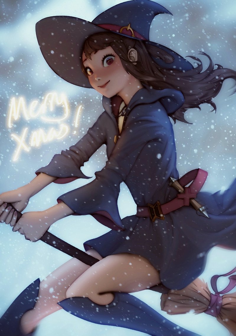 blush broom broom_riding kagari_atsuko little_witch_academia luna_nova_school_uniform merry_christmas raikoart smile snow wand