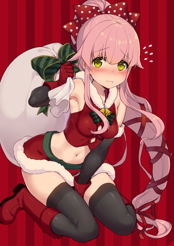 1girl arm_warmers black_legwear black_ribbon breasts flying_sweatdrops fur_trim gloves hair_flaps kantai_collection kneeling long_hair minamura_haruki miniskirt pink_hair ponytail red_background red_footwear red_gloves red_skirt ribbon sack skirt small_breasts solo striped striped_background tank_top thigh-highs very_long_hair yellow_eyes yura_(kantai_collection)