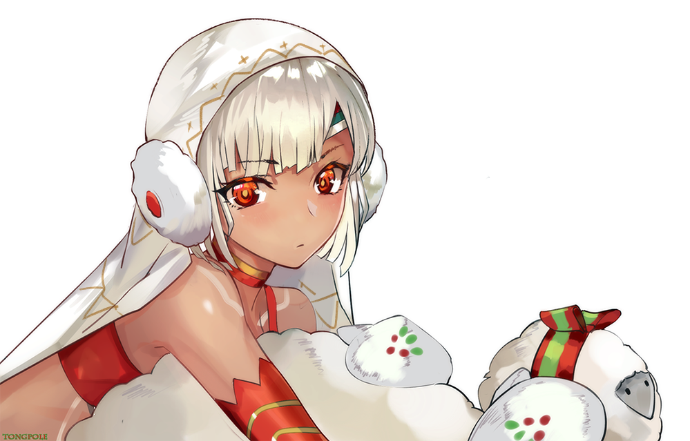 1girl altera_(fate) altera_the_santa bangs bare_shoulders blush dark_skin detached_sleeves earmuffs eyebrows_visible_through_hair fate/grand_order fate_(series) from_side looking_to_the_side mittens red_eyes shiny shiny_hair short_hair simple_background solo tong_pole tsurime upper_body veil white_background white_mittens