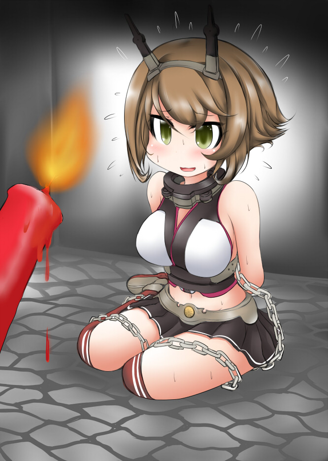 1girl arms_behind_back bangs bare_shoulders black_skirt blush breasts brown_hair candle chained chains chibi collar green_eyes headgear indoors kantai_collection kneehighs kneeling large_breasts metal_belt mutsu_(kantai_collection) navel ouno_(nounai_disintegration) pleated_skirt red_legwear short_hair skirt solo stone_floor striped striped_legwear sweat udon worried