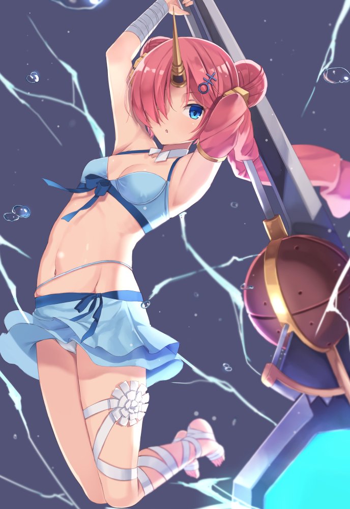 1girl :o bandage bandaged_arm bandaged_leg barefoot berserker_of_black bikini bikini_skirt blue_bikini blue_eyes double_bun fate/apocrypha fate/grand_order fate_(series) frankenstein's_monster_(swimsuit_saber)_(fate) full_body gyuunyuu_bin hair_ornament hair_over_eyes hair_over_one_eye hairclip horn jumping lightning looking_at_viewer mace navel pink_hair short_hair single_detached_sleeve solo swimsuit weapon