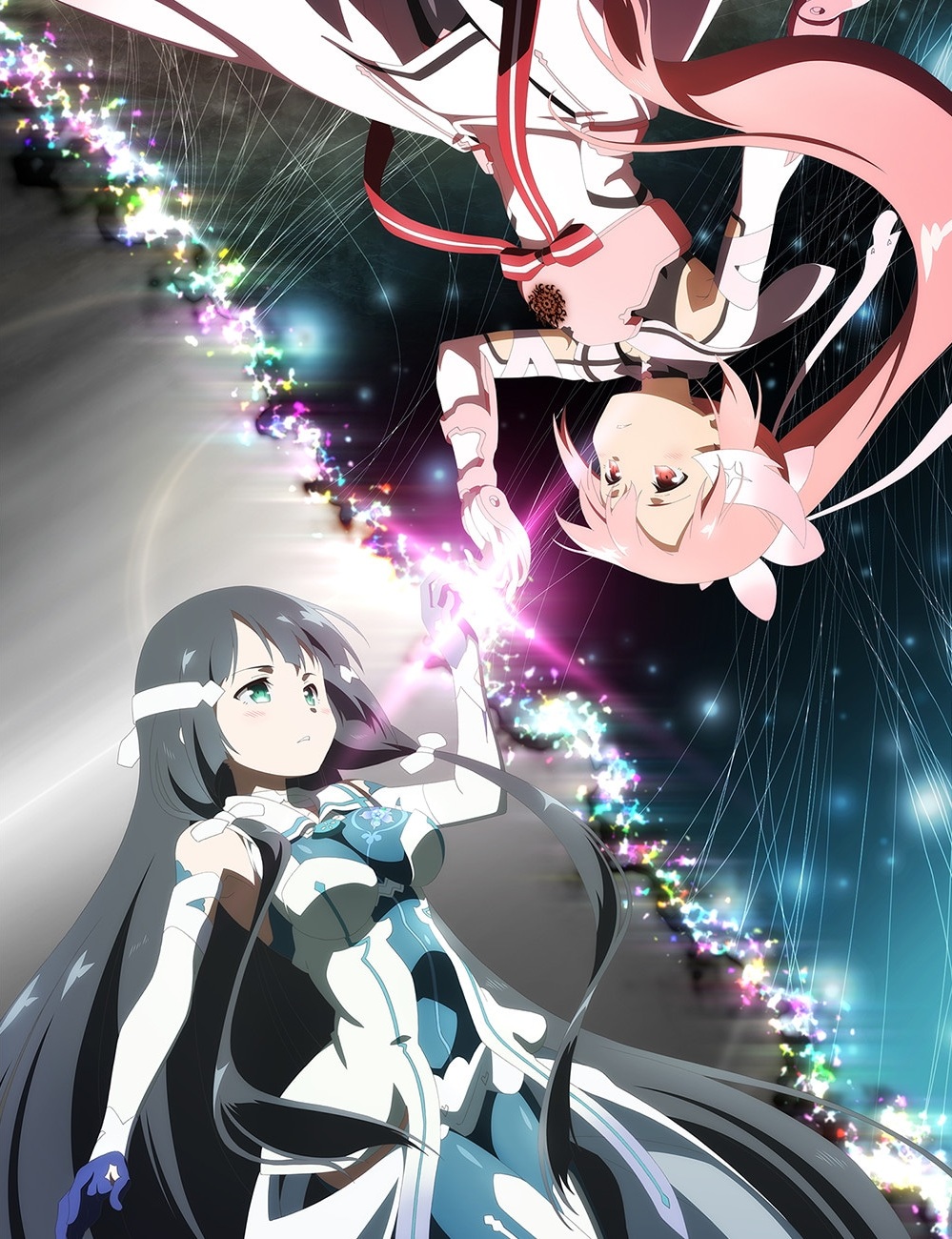 2girls armor artist_request black_hair bodysuit breasts dress gauntlets gloves green_eyes hair_ribbon highres long_hair looking_at_another medium_breasts multiple_girls official_art parted_lips pink_hair red_eyes ribbon sparkle spoilers tattoo touching tougou_mimori very_long_hair yuuki_yuuna yuuki_yuuna_wa_yuusha_de_aru yuusha_de_aru