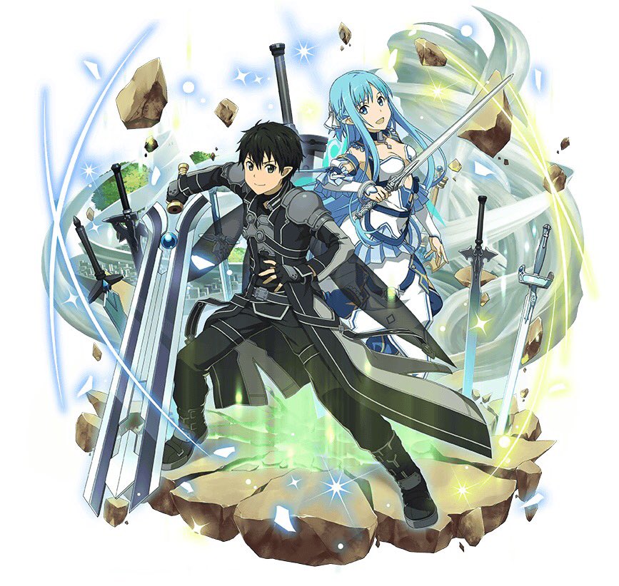 1boy 1girl :d asuna_(sao) asuna_(sao-alo) black_eyes black_gloves black_hair black_pants black_wings blue_eyes blue_hair breasts choker cleavage detached_sleeves dress fingerless_gloves floating_hair full_body gloves hair_between_eyes holding holding_sword holding_weapon kirito kirito_(sao-alo) long_hair looking_at_viewer medium_breasts open_mouth pants pointy_ears simple_background smile stance standing strapless strapless_dress sword sword_art_online transparent_wings very_long_hair weapon white_background white_dress wings