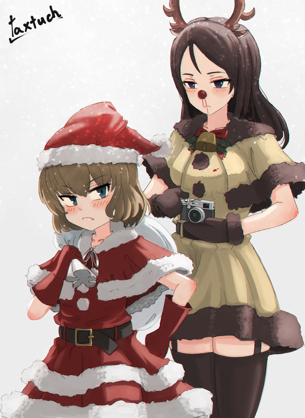 2girls animal_costume antlers artist_name bag bangs black_belt black_hair black_legwear blonde_hair blood blue_eyes blush bow bowtie brown_dress brown_gloves camera carrying closed_mouth cowboy_shot dress eyebrows_visible_through_hair fang frown garter_straps girls_und_panzer gloves grey_background hand_on_hip hat highres holding katyusha long_hair looking_at_another looking_at_viewer looking_back mistletoe multiple_girls nosebleed over_shoulder red_capelet red_dress red_gloves red_hat red_neckwear red_nose reindeer_antlers reindeer_costume santa_costume santa_hat short_hair short_sleeves signature snow standing tacch thigh-highs