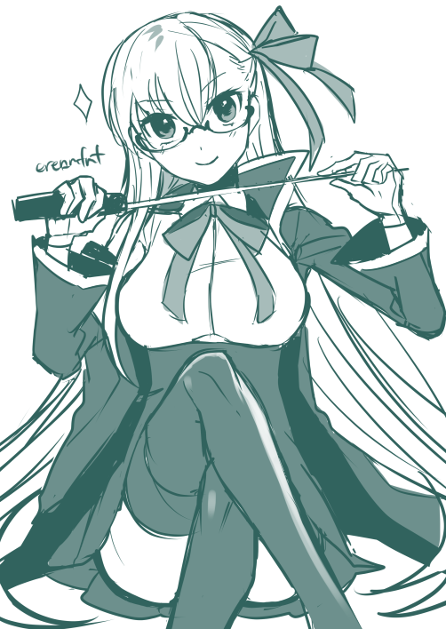 1girl alpha_(eren_mfmf) artist_name bb_(fate/extra_ccc) bespectacled fate/extra fate/extra_ccc fate_(series) glasses gloves hair_ribbon holding holding_pointer legs_crossed long_hair long_sleeves looking_at_viewer monochrome pointer ribbon smile solo sparkle thigh-highs very_long_hair white_background