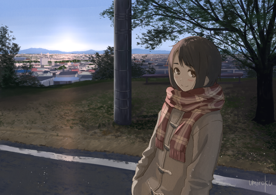 1girl artist_name bangs blue_sky checkered_scarf city closed_mouth coat commentary_request day grass hands_in_pockets horizon long_sleeves looking_at_viewer original outdoors red_scarf road scarf scenery signature sky smile sunrise telephone_pole tree umiroku