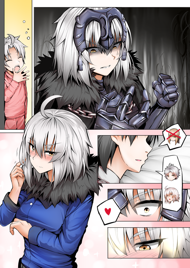 1girl 2boys ahoge anger_vein artoria_pendragon_(all) blush chains closed_eyes constricted_pupils crossed_out embarrassed fate/grand_order fate_(series) fujimaru_ritsuka_(male) fur_trim gauntlets ginhaha hair_twirling heart jeanne_d'arc_(alter)_(fate) jeanne_d'arc_(fate)_(all) multiple_boys saber_alter silver_hair spoken_heart yawning yellow_eyes