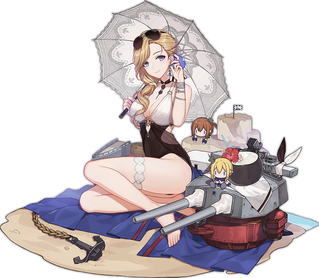 1girl anchor azur_lane bare_shoulders barefoot black_choker blonde_hair blue_eyes bracelet breasts character_doll cleavage closed_mouth covered_navel earrings eyebrows eyelashes eyewear_on_head facing_away flag flower full_body hair_tie hibiscus holding hood_(azur_lane) jewelry large_breasts long_hair looking_at_viewer low_ponytail machinery midriff multicolored multicolored_clothes multicolored_swimsuit o-ring o-ring_swimsuit official_art one-piece_swimsuit palms parasol renown_(azur_lane) repulse_(azur_lane) sa_(h28085) sand sand_castle sand_sculpture side_ponytail simple_background single_hair_intake smile solo sunglasses swimsuit tareme thigh_strap transparent_background turret umbrella union_jack